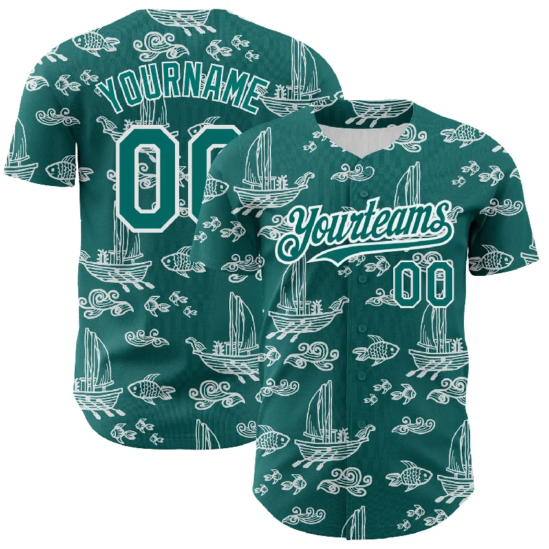 Hall of Fame Baseball Jersey-Custom Teal White 3D Pattern Design Boats And Fish Authentic Baseball Jersey