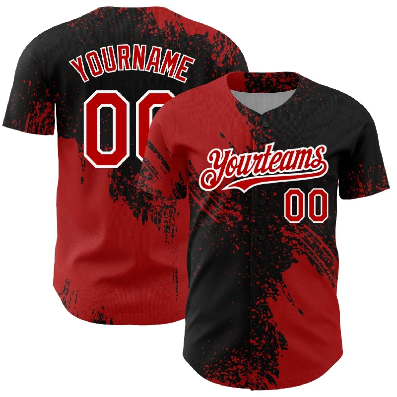 Vintage Baseball Jersey-Custom Black Red-White 3D Pattern Design Abstract Brush Stroke Authentic Baseball Jersey