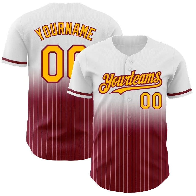 Game Worn Baseball Jersey-Custom White Pinstripe Gold-Crimson Authentic Fade Fashion Baseball Jersey