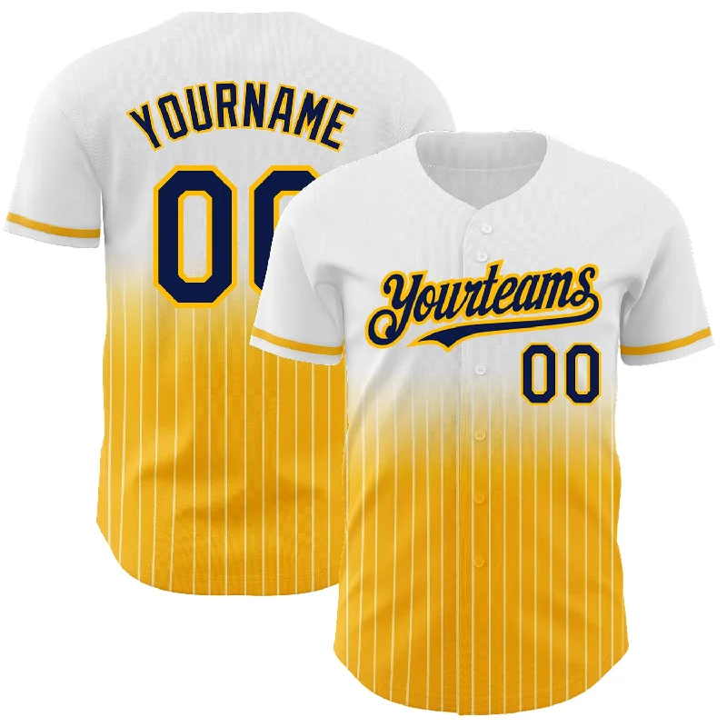 Personalized Baseball Jersey-Custom White Pinstripe Navy-Gold Authentic Fade Fashion Baseball Jersey