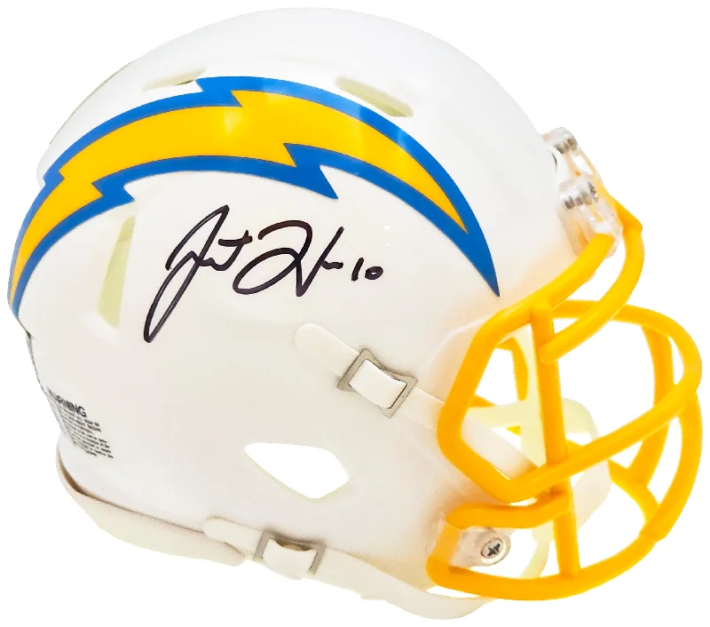 Rugby Scout Helmet-Justin Herbert Autographed Los Angeles Chargers White Speed Mini Helmet Beckett BAS QR Stock #220576