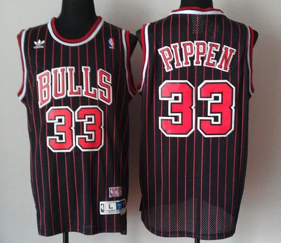 Official Basketball Jersey-Bulls 33 Pippen Black Red Stripe New Revolution 30 Basketball Jerseys