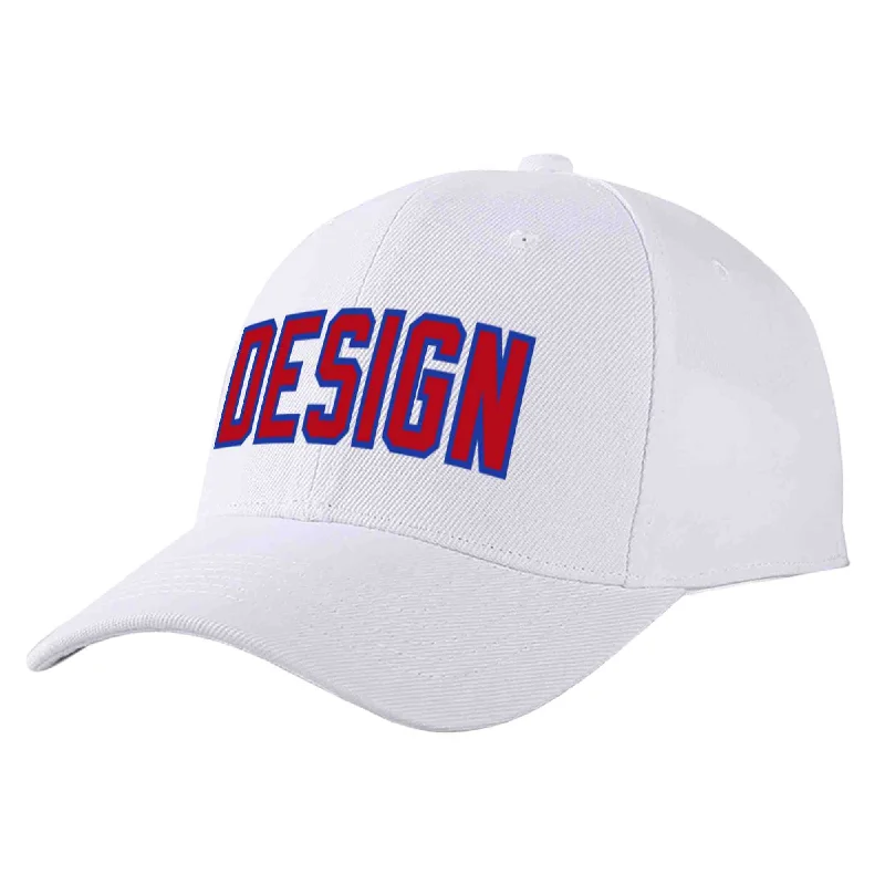 Team Baseball Cap-Custom White Red-Royal Curved Eaves Sport Design Baseball Cap