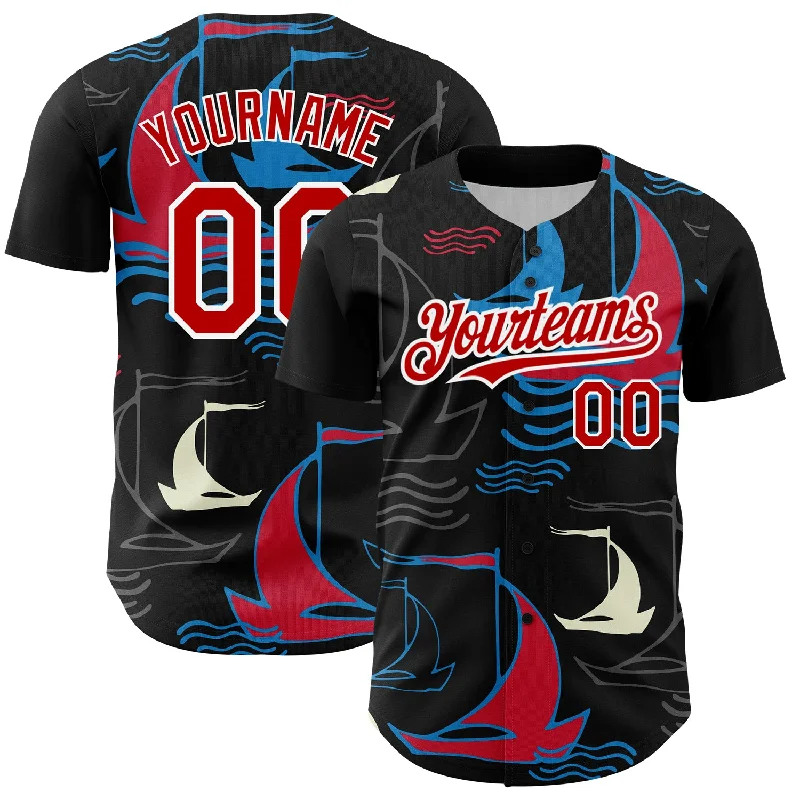 Streetwear Baseball Club Jersey-Custom Black Red-White 3D Pattern Design Sailing Boats Authentic Baseball Jersey