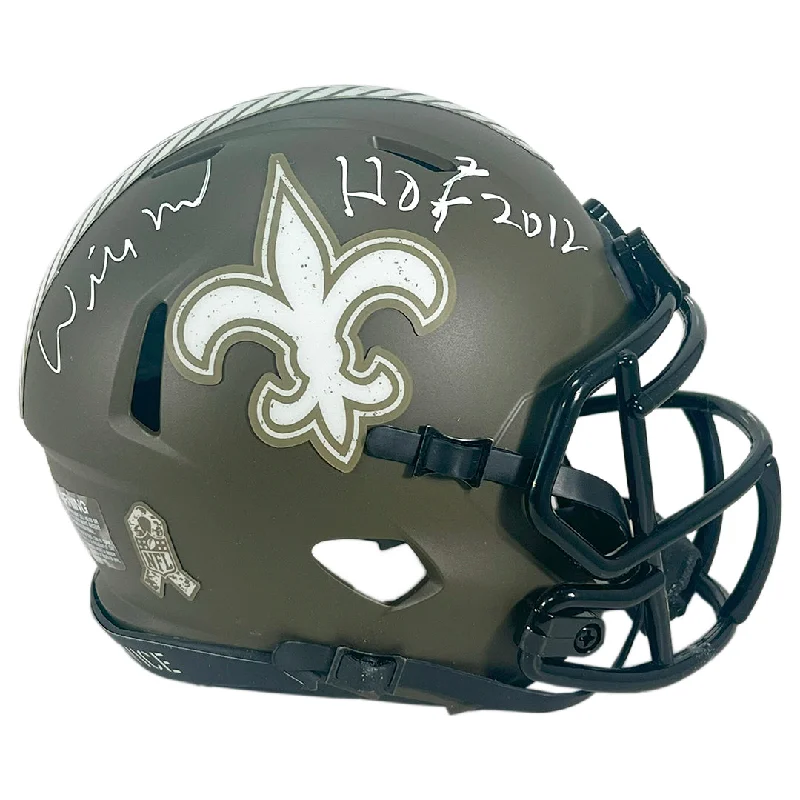 Minimalist Rugby Helmet-Willie Roaf Signed HOF 2012 Inscription New Orleans Saints Salute to Service Speed Mini Football Helmet (JSA)