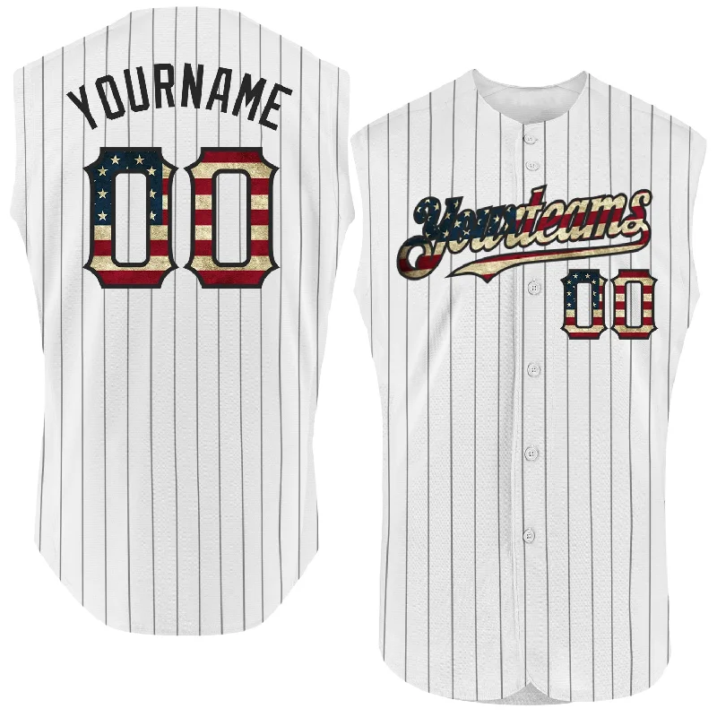 Practice Baseball Jersey-Custom White Black Pinstripe Vintage USA Flag Authentic Sleeveless Baseball Jersey