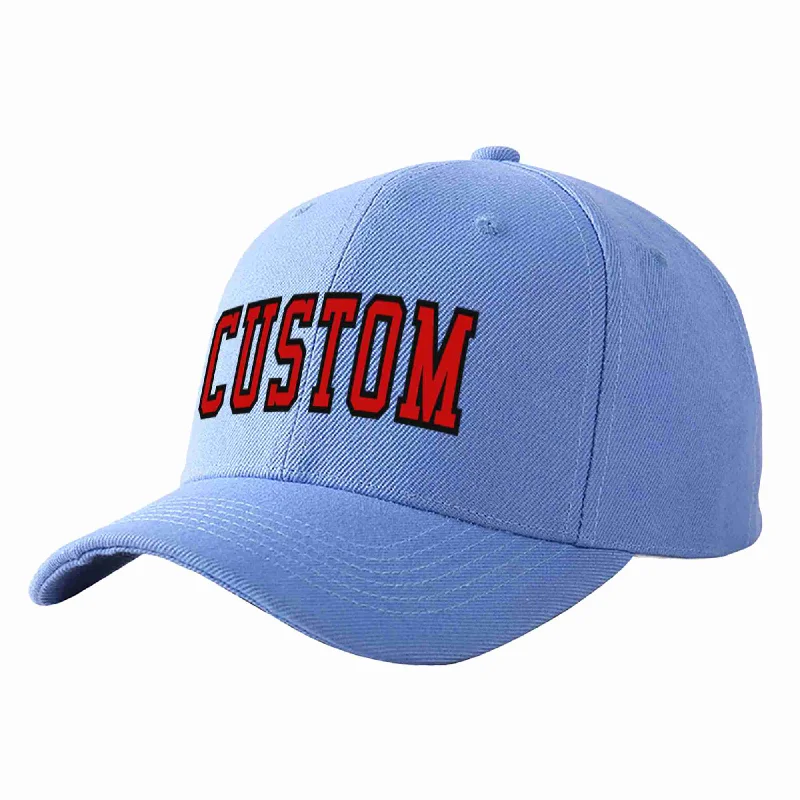 Designer Baseball Cap-Custom Sky Blue Red-Black Curved Eaves Sport Baseball Cap Design for Men/Women/Youth