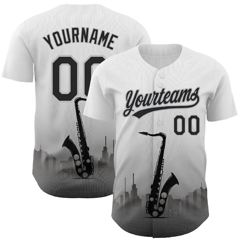 Away Game Baseball Jersey-Custom White Black-Gray 3D Pattern Design City Of Jazz Music Authentic Baseball Jersey