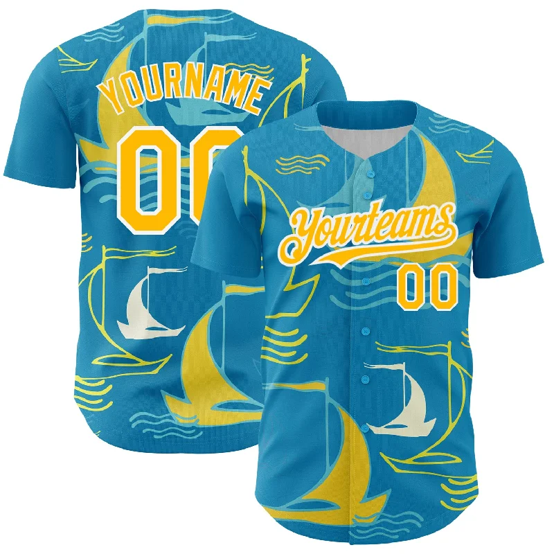 Baseball Fashion Trend Jersey-Custom Panther Blue Gold-White 3D Pattern Design Sailing Boats Authentic Baseball Jersey