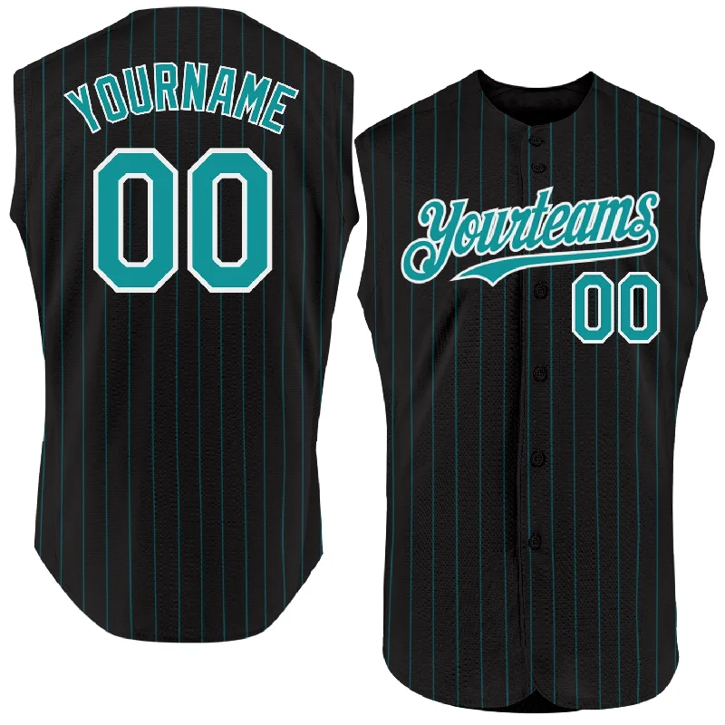 Fan Favorite Baseball Jersey-Custom Black Teal Pinstripe White Authentic Sleeveless Baseball Jersey