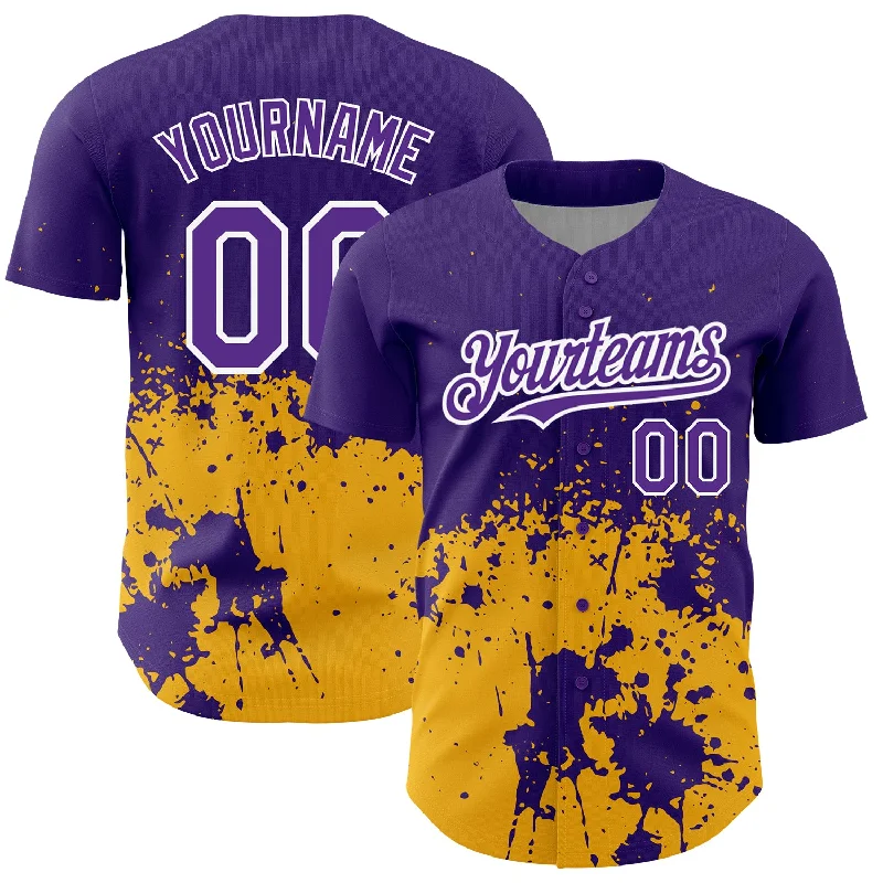 Replica Baseball Jersey-Custom Purple Gold-White 3D Pattern Design Abstract Splash Grunge Art Authentic Baseball Jersey