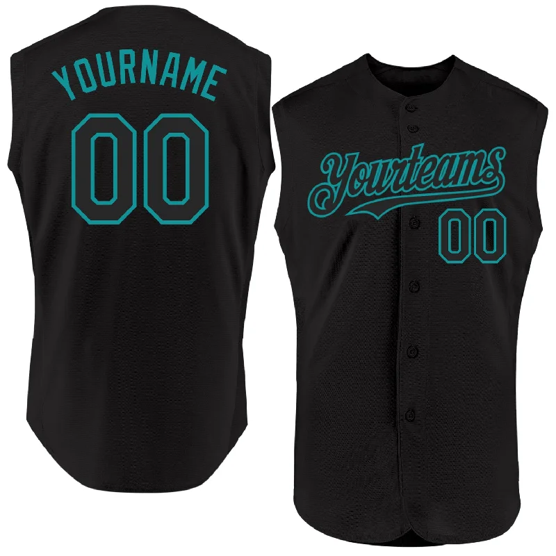 Name and Number Baseball Jersey-Custom Black Teal Authentic Sleeveless Baseball Jersey