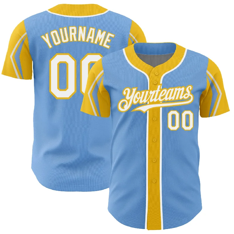 Baseball Enthusiast Jersey-Custom Light Blue White-Yellow 3 Colors Arm Shapes Authentic Baseball Jersey