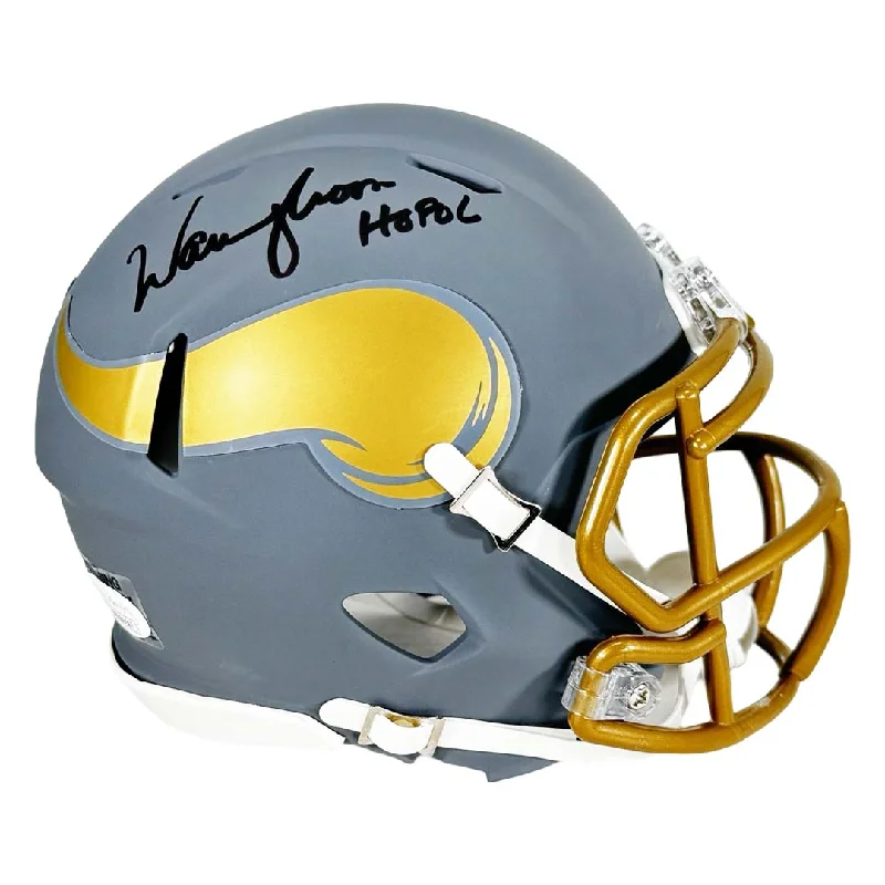 Recycled Material Rugby Helmet-Warren Moon Signed HOF 06 Inscription Minnesota Vikings Slate Alternate Speed Mini Football Helmet (JSA)