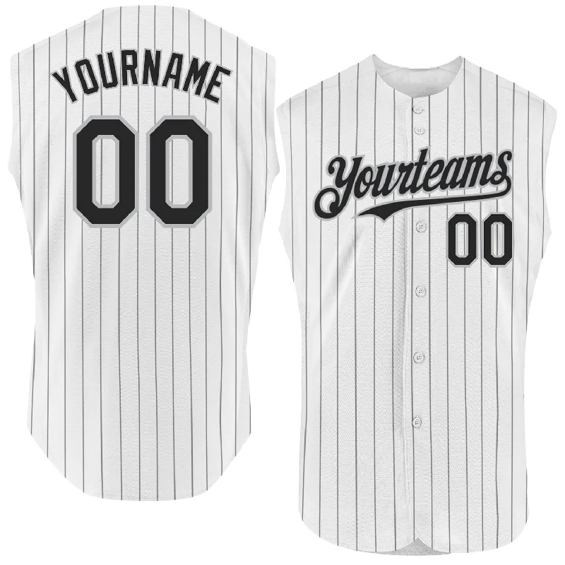 Little League Baseball Jersey-Custom White Black Pinstripe Gray Authentic Sleeveless Baseball Jersey