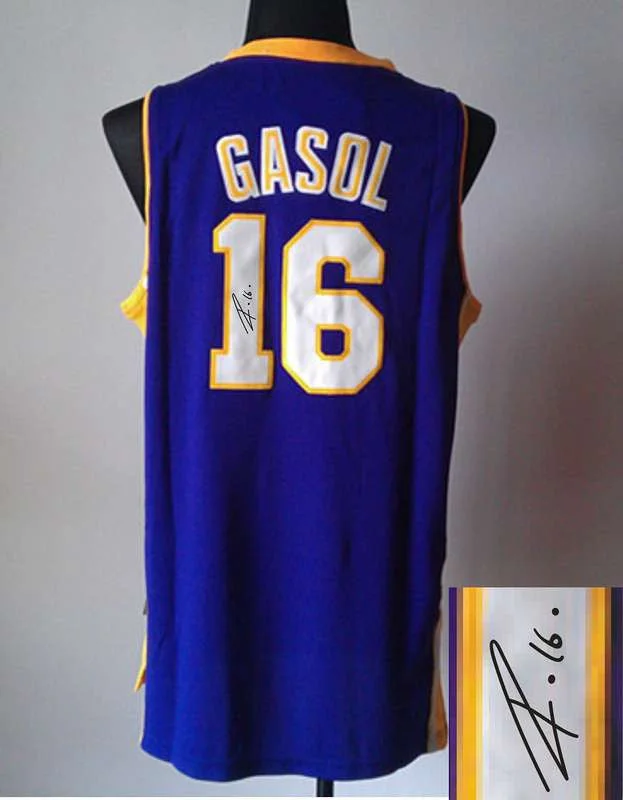 Burgundy Basketball Jersey-Lakers 16 Gasol Purple Signature Edition Basketball Jerseys