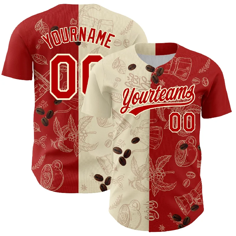 Custom Number Baseball Jersey-Custom Cream Red 3D Pattern Design International Coffee Day Authentic Baseball Jersey