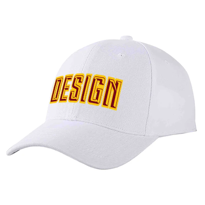 Graphic Baseball Cap-Custom White Crimson-Yellow Curved Eaves Sport Design Baseball Cap