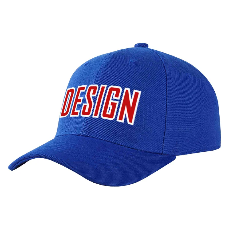 Sports Fan Baseball Cap-Custom Royal Red-White Curved Eaves Sport Design Baseball Cap