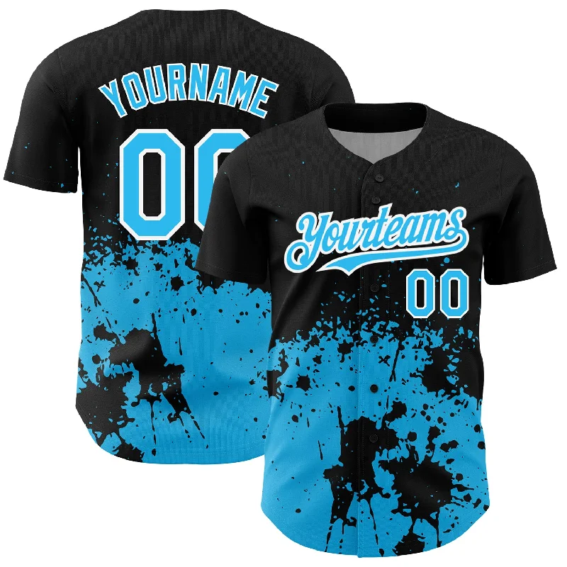 Baseball Coach Jersey-Custom Black Sky Blue-White 3D Pattern Design Abstract Splash Grunge Art Authentic Baseball Jersey