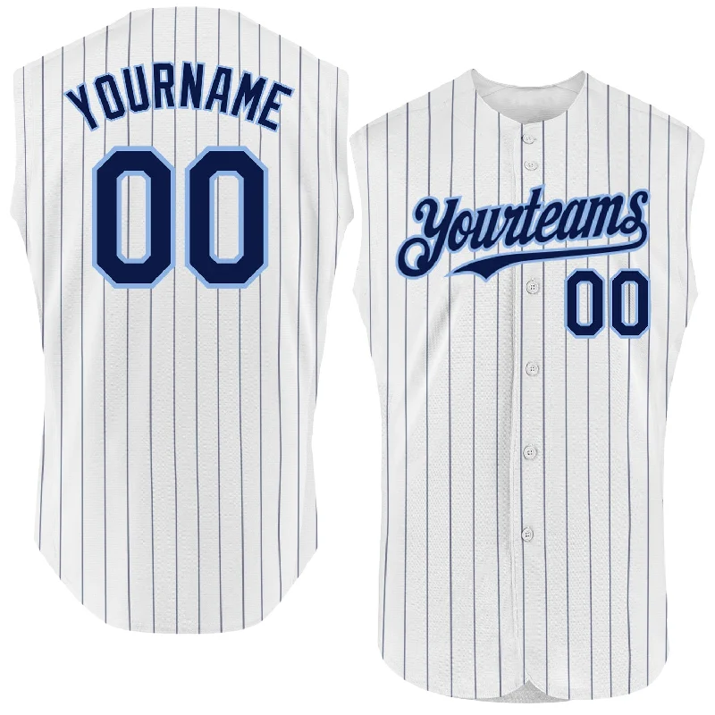 Game Worn Baseball Jersey-Custom White Navy Pinstripe Teal Authentic Sleeveless Baseball Jersey