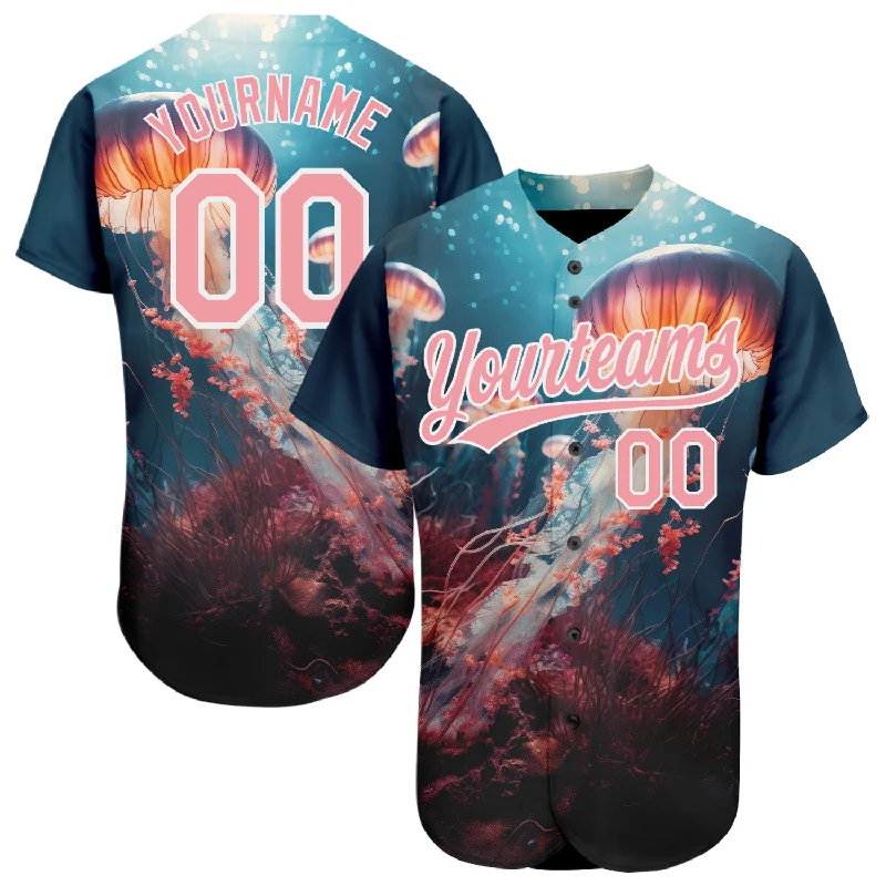 Silver Baseball Jersey-Custom Navy Medium Pink-White 3D Pattern Design Jellyfish Under Water With Light Shining Authentic Baseball Jersey