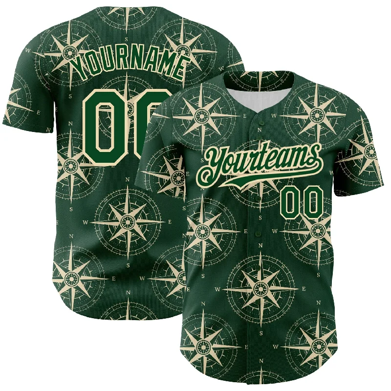 Baseball Signature Jersey-Custom Green City Cream 3D Pattern Design Navigation Compass Authentic Baseball Jersey