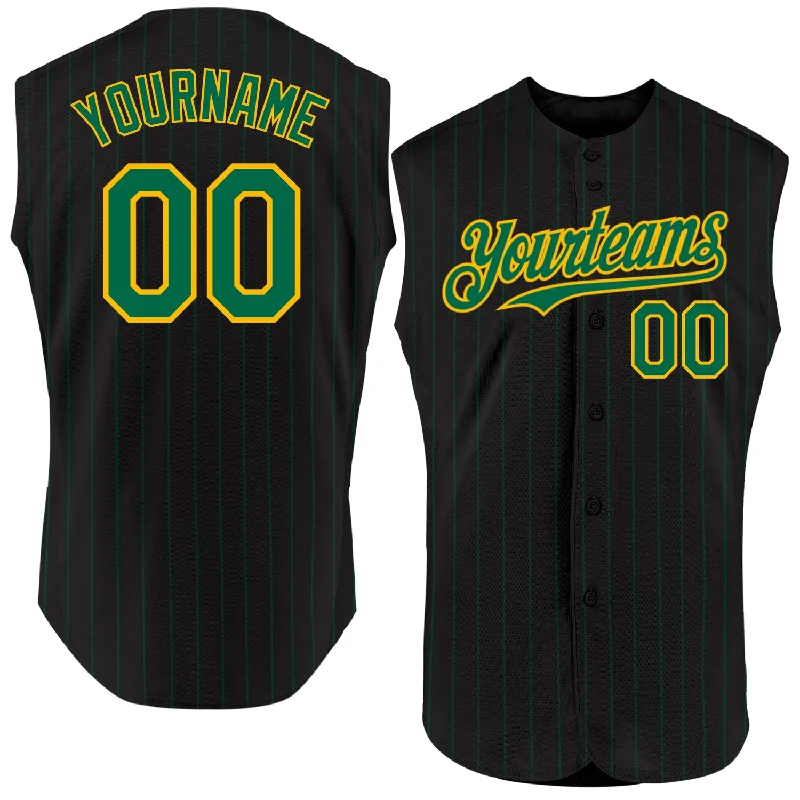 Groomsmen Baseball Jersey-Custom Black Kelly Green Pinstripe Gold Authentic Sleeveless Baseball Jersey