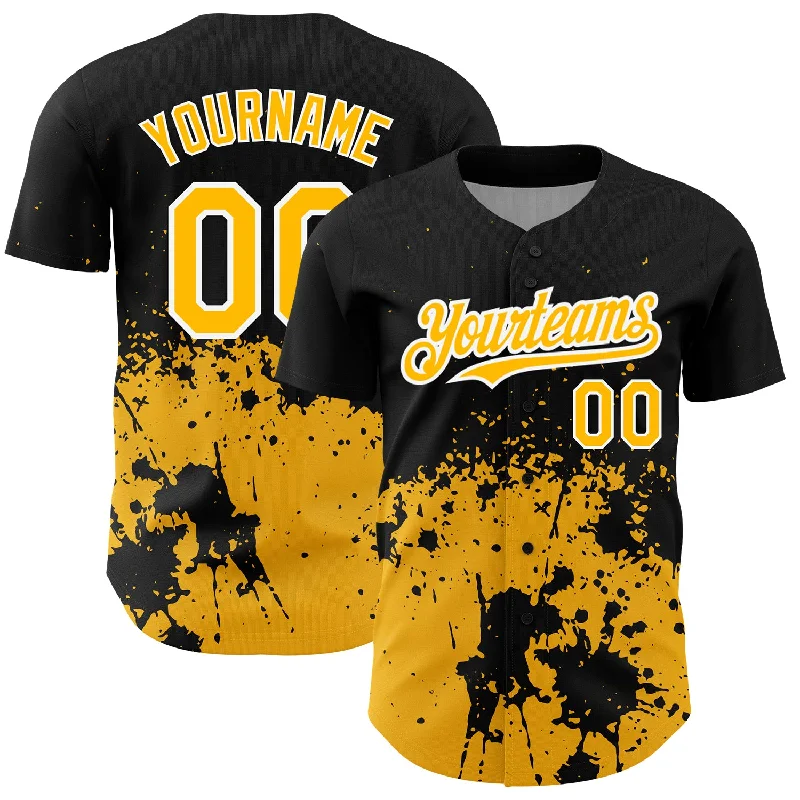 All-Star Baseball Jersey-Custom Black Gold-White 3D Pattern Design Abstract Splash Grunge Art Authentic Baseball Jersey