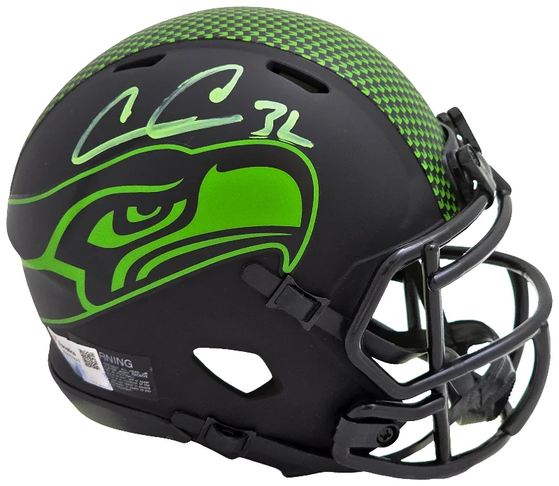 All-Star Rugby Helmet-Chris Carson Autographed Seattle Seahawks Eclipse Black Speed Mini Helmet Fanatics Holo Stock #216809