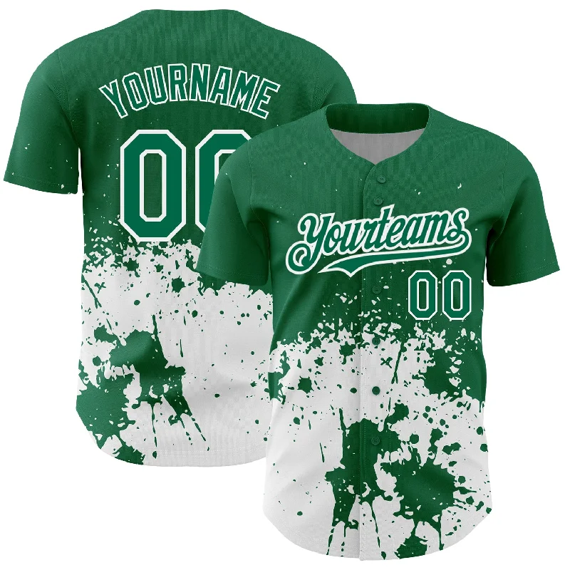 Streetwear Baseball Jersey-Custom Kelly Green White 3D Pattern Design Abstract Splash Grunge Art Authentic Baseball Jersey