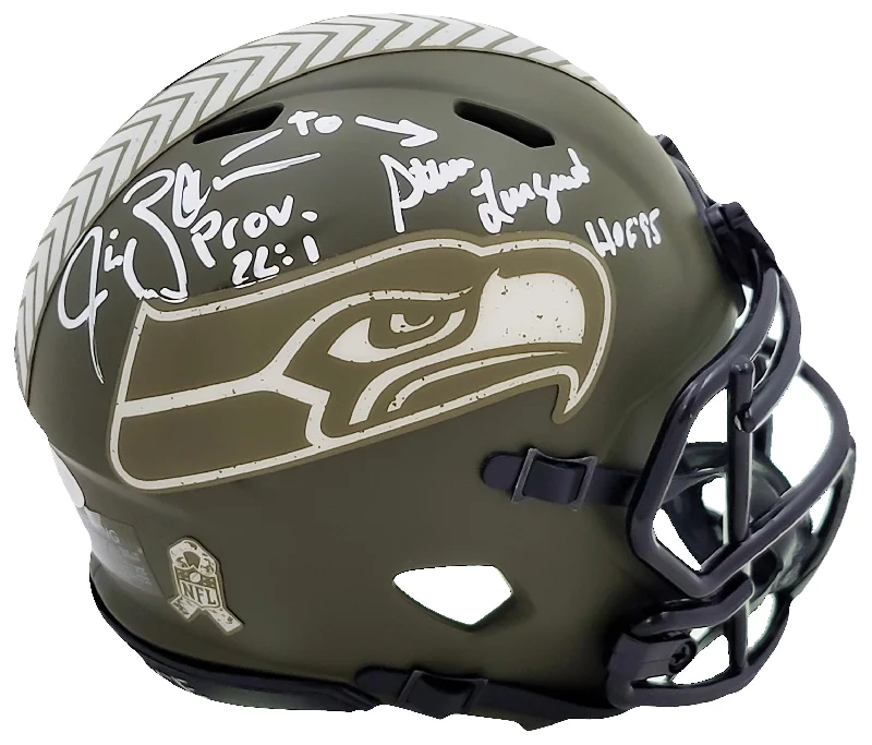 Adult Rugby Helmet-Steve Largent & Jim Zorn Autographed Seattle Seahawks Camo Speed Mini Helmet Salute To Service MCS Holo Stock #211063