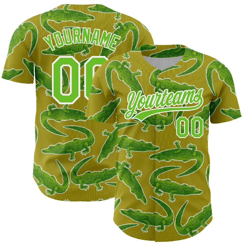 Navy Blue Baseball Jersey-Custom Olive Aurora Green-White 3D Pattern Design Crocodile Authentic Baseball Jersey