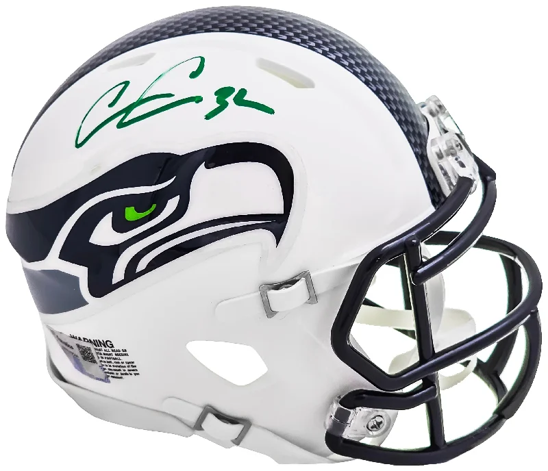 Semi-Pro Rugby Helmet-Chris Carson Autographed Seattle Seahawks Flat Matte White Speed Mini Helmet Fanatics Holo Stock #216811