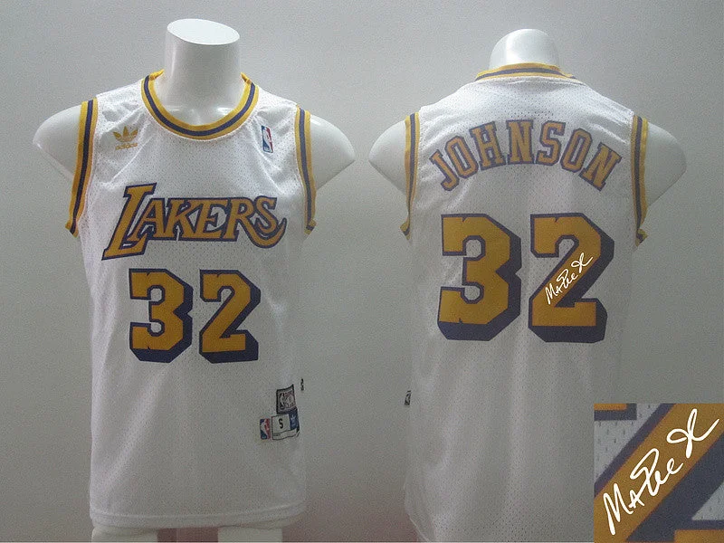 High School Basketball Jersey-Lakers 32 Johnson White Hardwood Classics Signature Edition Basketball Jerseys