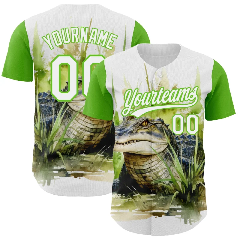 Soft Fabric Baseball Jersey-Custom White Aurora Green 3D Pattern Design Crocodile Authentic Baseball Jersey