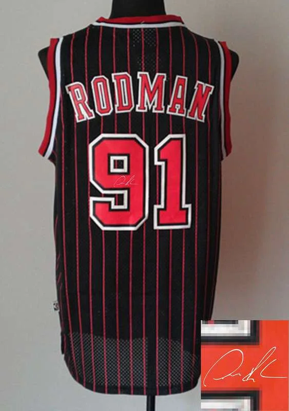 Weatherproof Basketball Jersey-Bulls 91 Rodman Black Pinstripe Signature Edition Basketball Jerseys