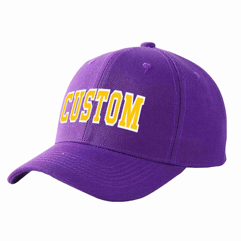 Running Baseball Cap-Custom Purple Gold-White Curved Eaves Sport Baseball Cap Design for Men/Women/Youth