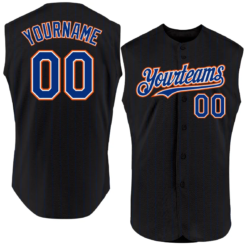 Baseball Game Night Jersey-Custom Black Royal Pinstripe White Authentic Sleeveless Baseball Jersey