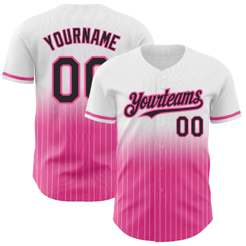 Button-Up Baseball Jersey-Custom White Pinstripe Black-Pink Authentic Fade Fashion Baseball Jersey