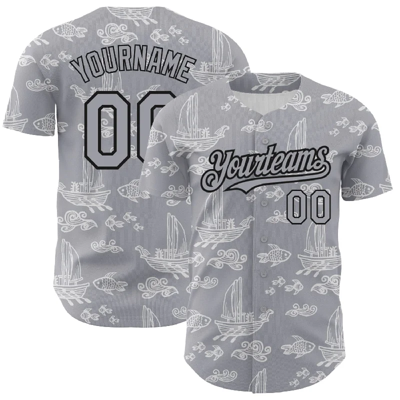 Veteran Baseball Jersey-Custom Gray Black 3D Pattern Design Boats And Fish Authentic Baseball Jersey