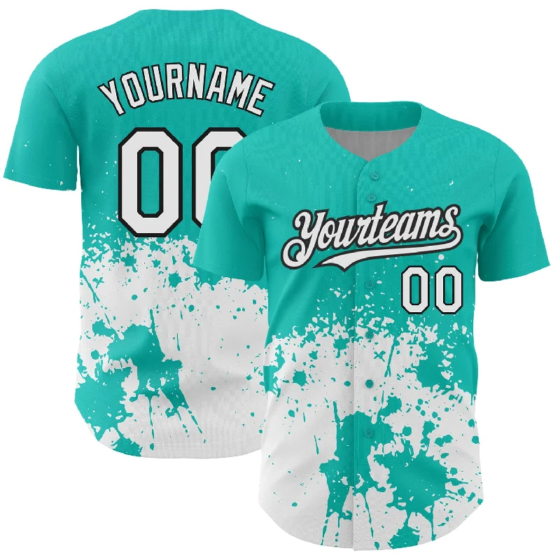 Practice Baseball Jersey-Custom Aqua White-Black 3D Pattern Design Abstract Splash Grunge Art Authentic Baseball Jersey