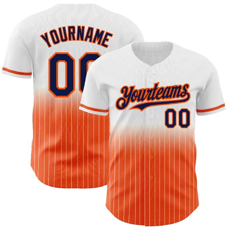 Breathable Baseball Jersey-Custom White Pinstripe Navy-Orange Authentic Fade Fashion Baseball Jersey