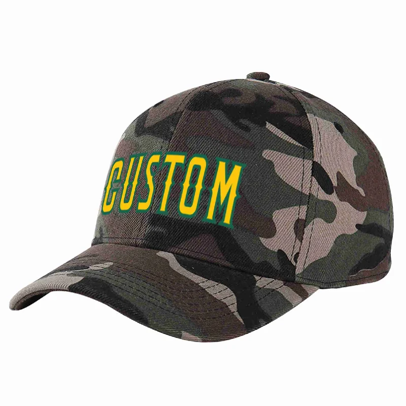 Fan Baseball Cap-Custom Camo Gold-Kelly Green Curved Eaves Sport Baseball Cap Design for Men/Women/Youth