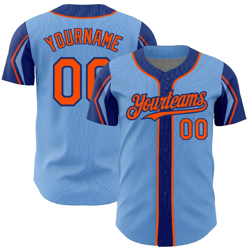 Baseball Scorer Jersey-Custom Light Blue Orange-Royal 3 Colors Arm Shapes Authentic Baseball Jersey