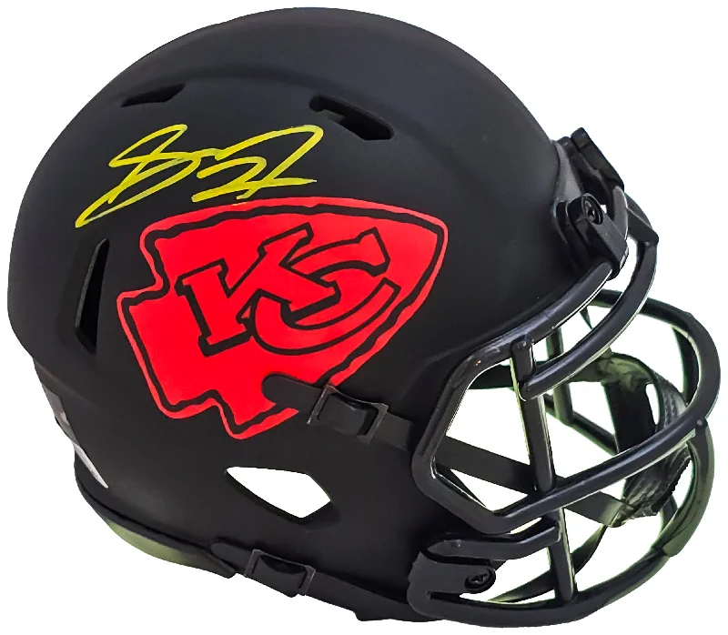 Sports Science Rugby Helmet-Skyy Moore Autographed Kansas City Chiefs Eclipse Black Speed Mini Helmet Beckett BAS Witness Stock #220531