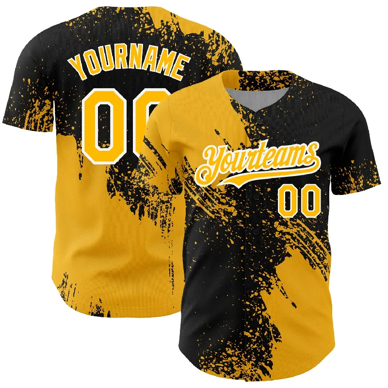 Classic Baseball Jersey-Custom Black Gold-White 3D Pattern Design Abstract Brush Stroke Authentic Baseball Jersey