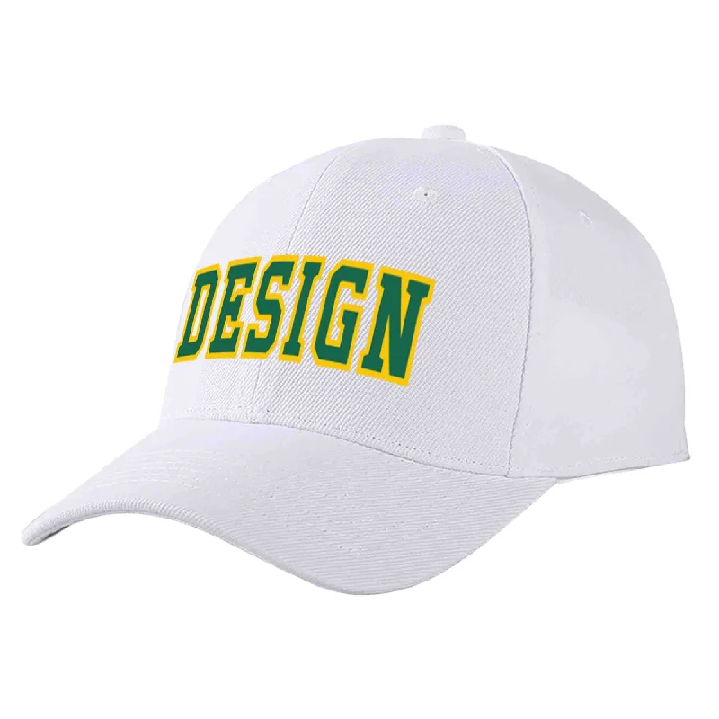 Sports Fan Baseball Cap-Custom White Kelly Green-Yellow Curved Eaves Sport Design Baseball Cap