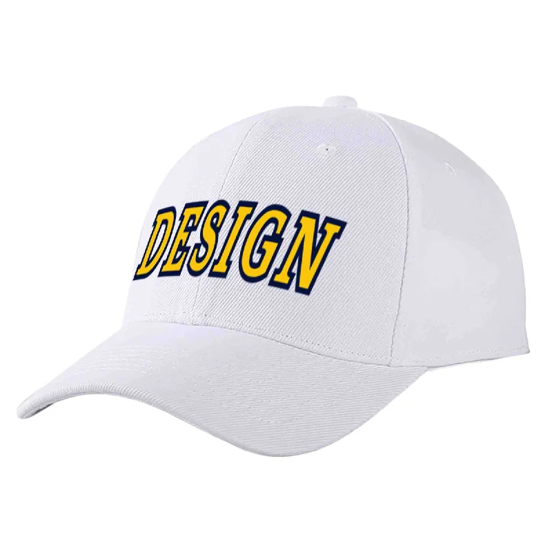 Outdoor Work Baseball Cap-Custom White Yellow-Navy Curved Eaves Sport Design Baseball Cap