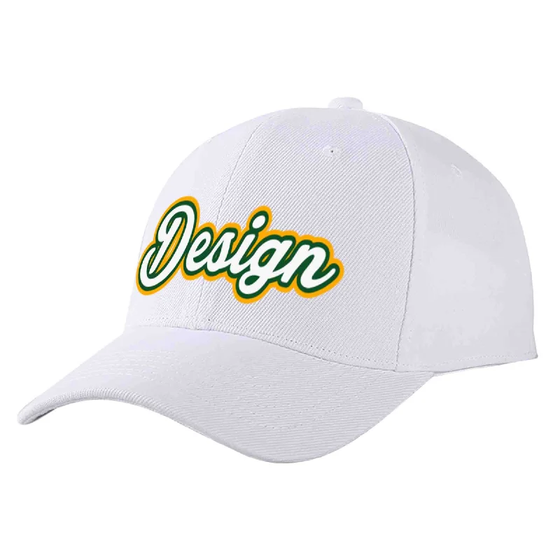 Washed Baseball Cap-Custom White White-Kelly Green Curved Eaves Sport Design Baseball Cap